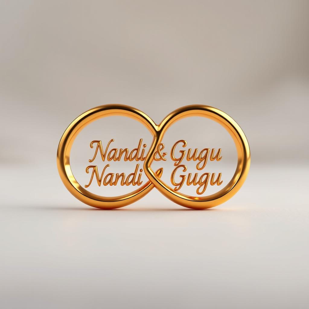 A captivating 3D illustration of a gold infinity symbol intricately intertwined with a heart shape, showcasing the names "Nandi" and "Gugu" elegantly engraved within the design