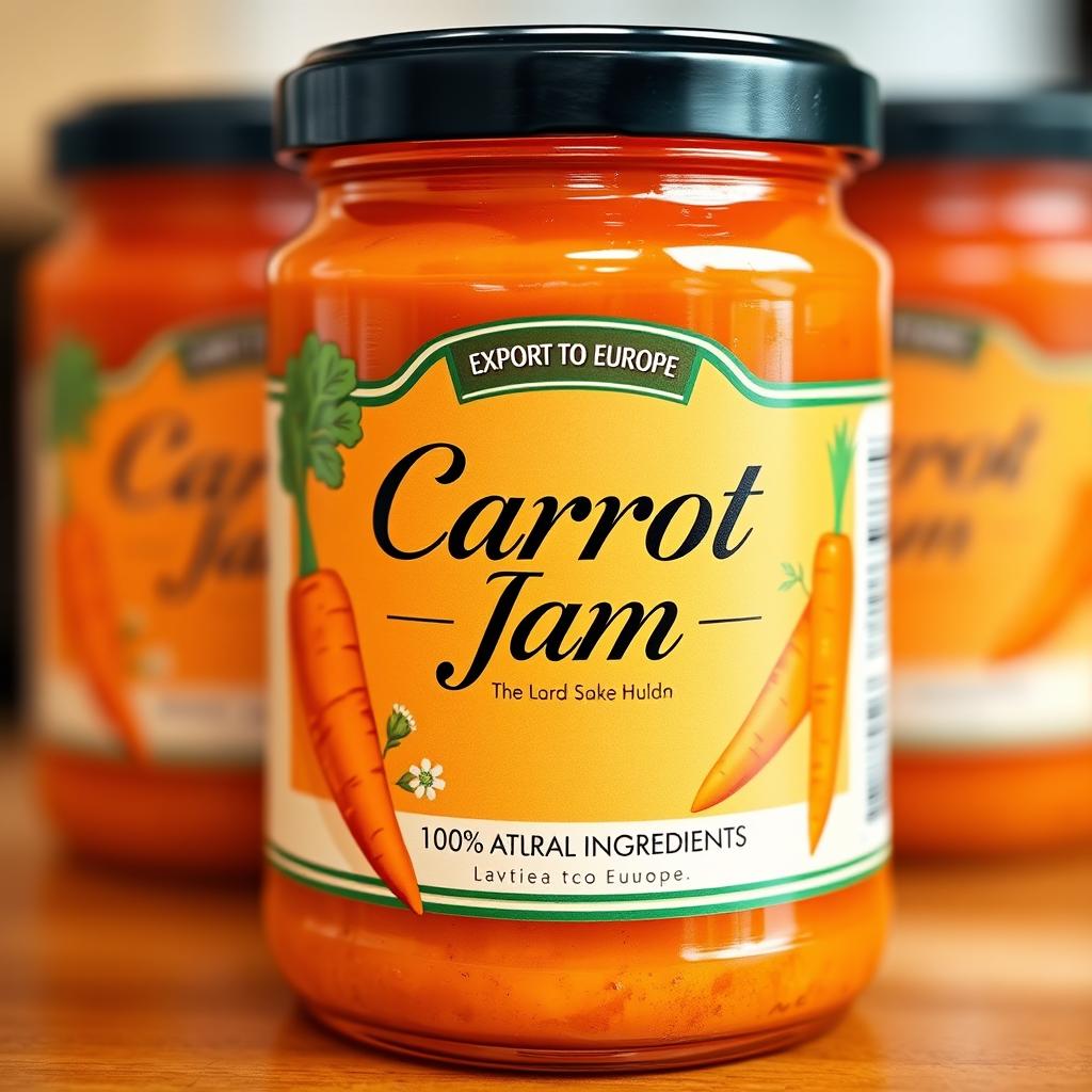 A vibrant and eye-catching label design for carrot jam, featuring a bright orange background to reflect the color of carrots