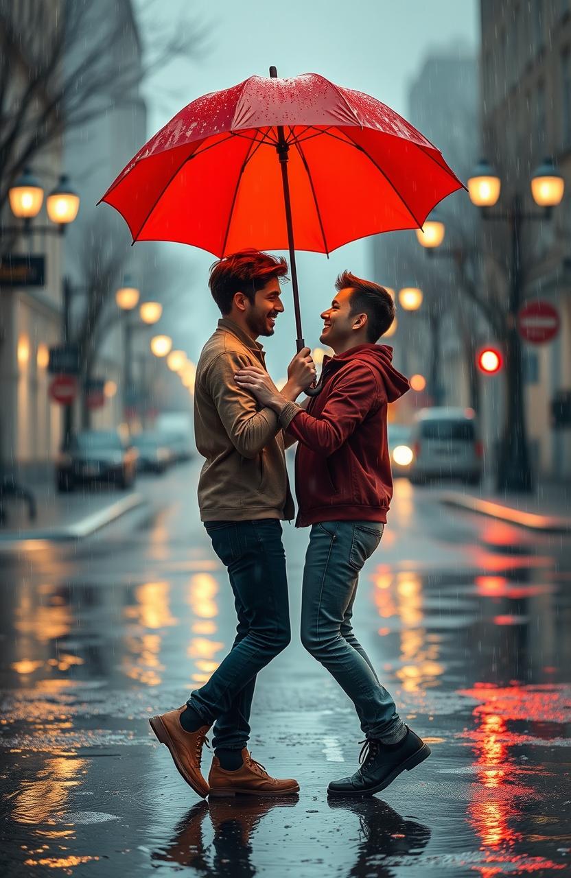 A romantic scene depicting two young men falling in love during a rainstorm