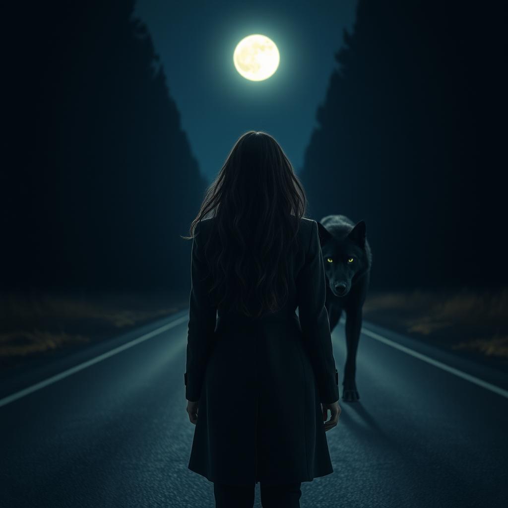 A stunning dark-haired woman seen from behind, standing on a deserted road at night, illuminated by the soft glow of the moonlight