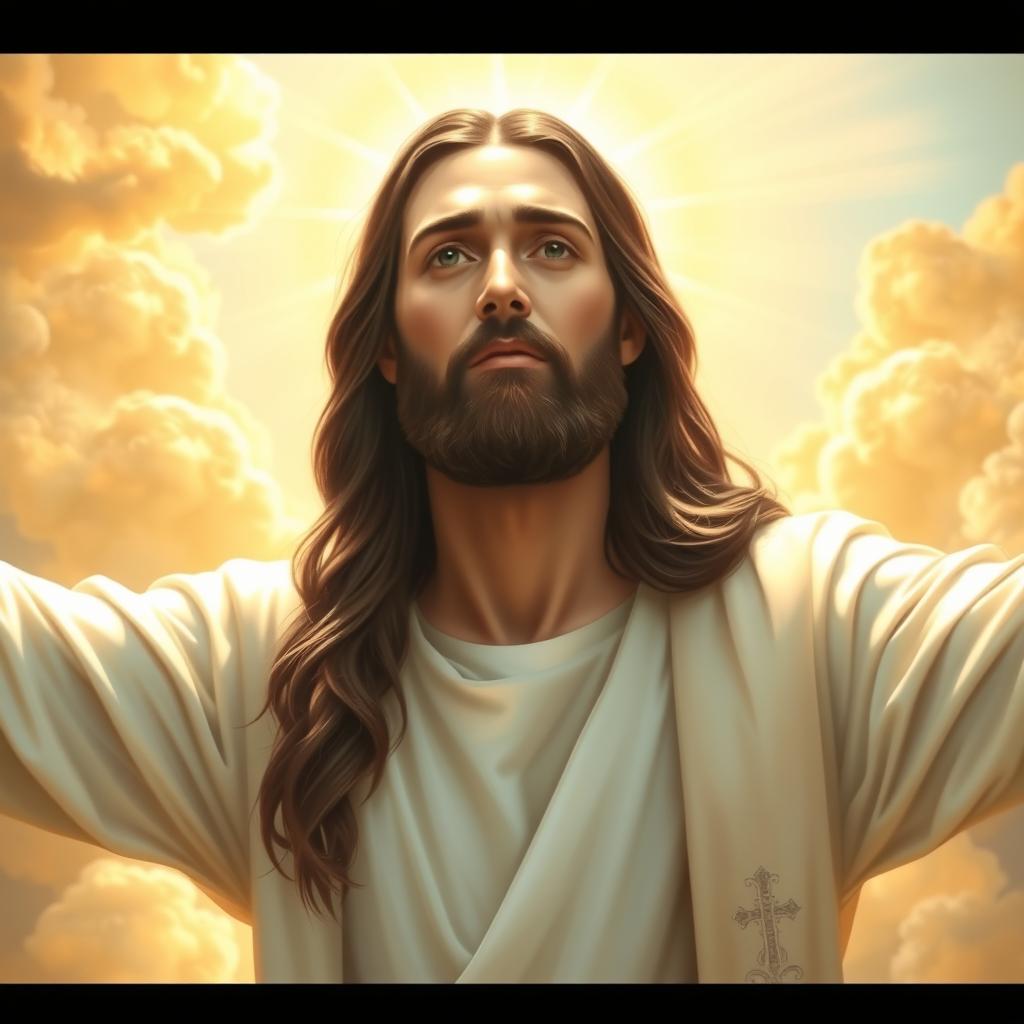 A celestial and inspiring portrait of Jesus Christ with long dark hair and a beard, wearing a radiant, white and bright tunic