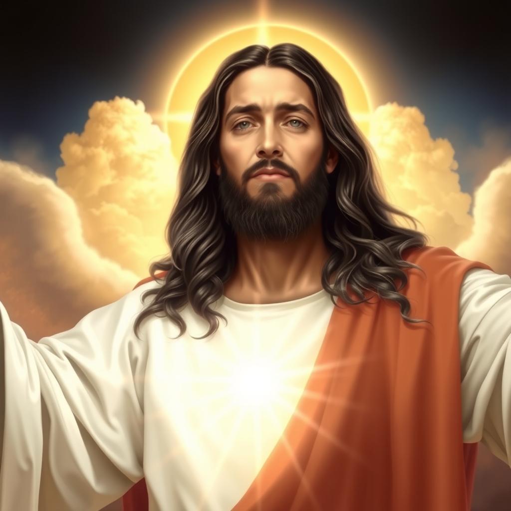 A celestial and inspiring portrait of Jesus Christ with long dark hair and a beard, wearing a radiant, white and bright tunic illuminated by divine light