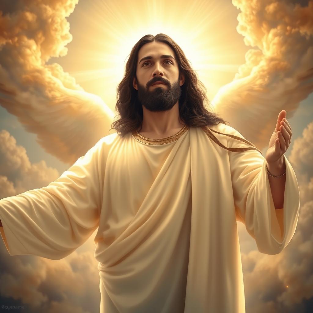 A celestial and inspiring portrait of Jesus Christ with long dark hair and a beard, wearing a shining, white tunic illuminated by divine light