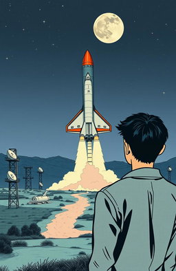 A vintage drawing of a Russian space shuttle poised for takeoff towards the moon, depicted from a secret base