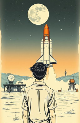 A vintage drawing of a Russian space shuttle poised for takeoff towards the moon, depicted from a secret base