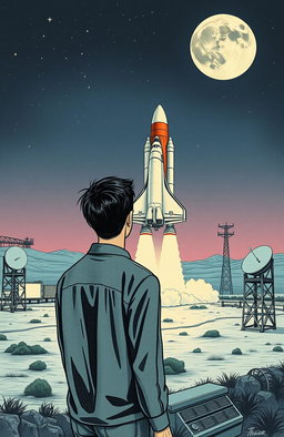 A vintage drawing of a Russian space shuttle poised for takeoff towards the moon, depicted from a secret base