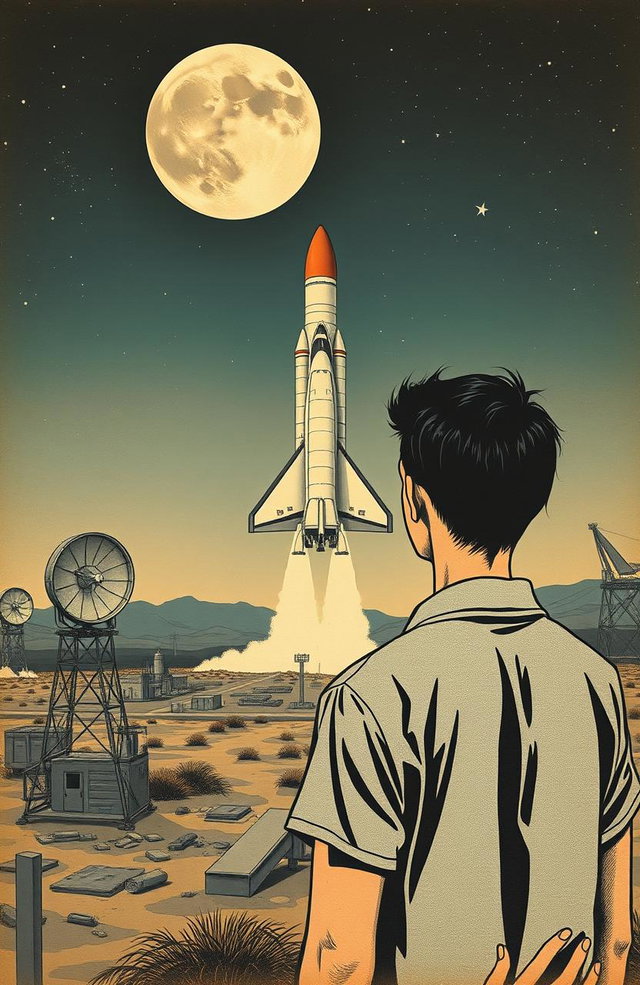 A vintage drawing of a Russian space shuttle poised for takeoff towards the moon, depicted from a secret base