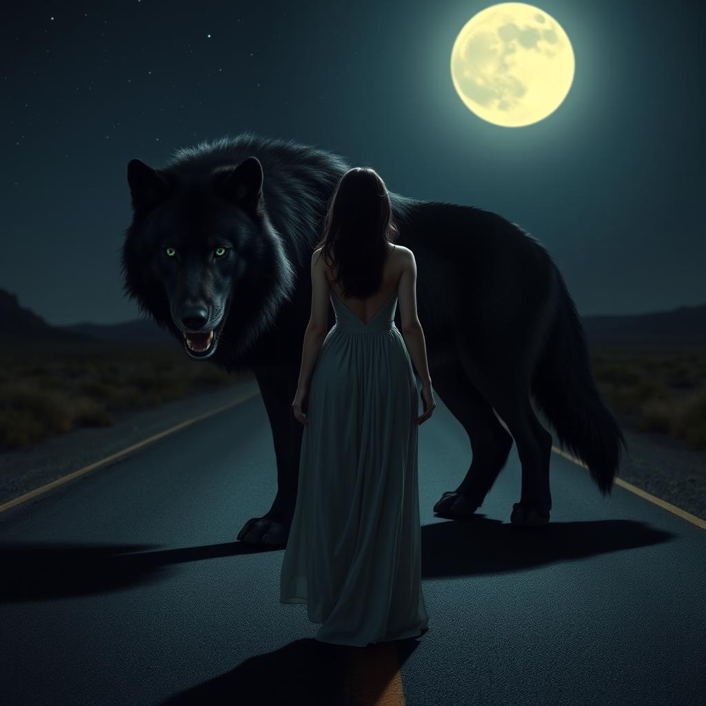 A beautiful dark-haired woman standing with her back to the viewer on a deserted road at night, illuminated by the soft glow of the moon