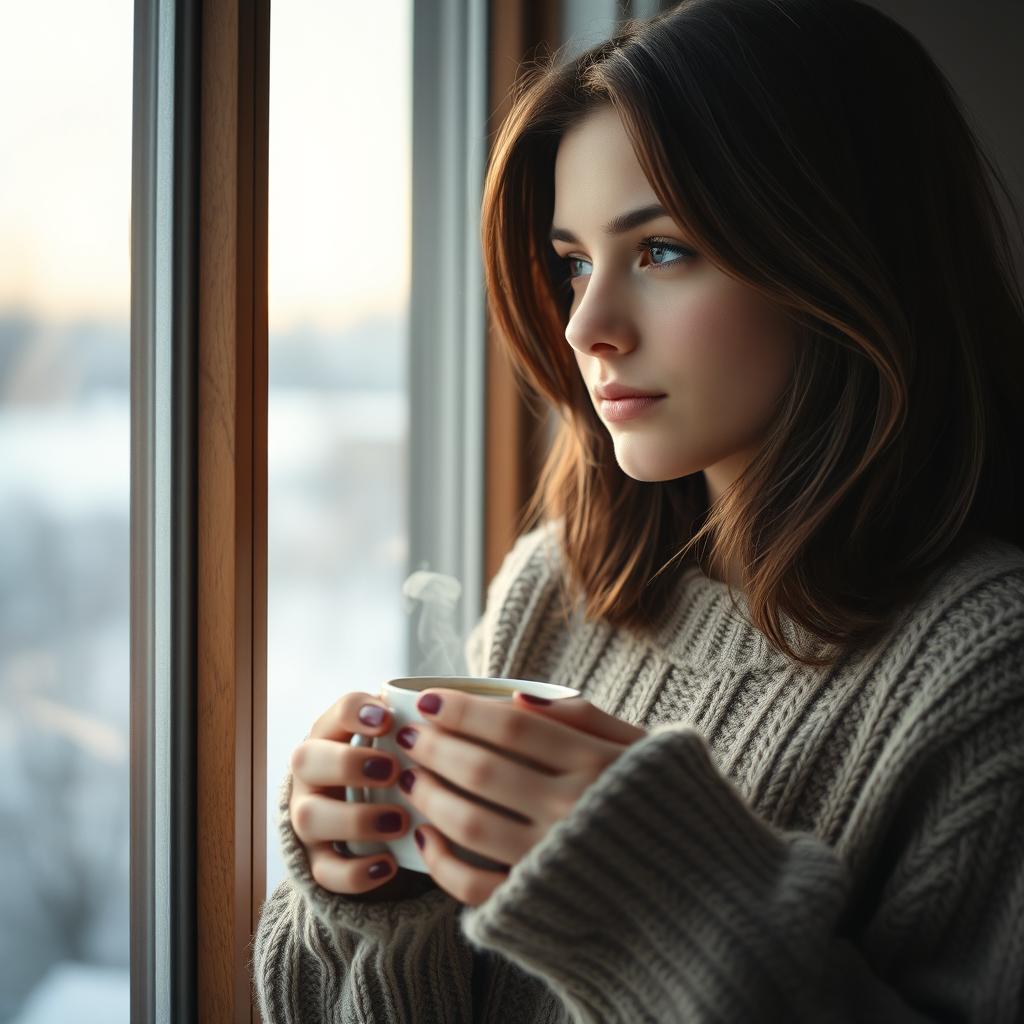 A young woman with medium-length dark brown hair featuring light strands, standing by a window and holding a steaming cup of coffee