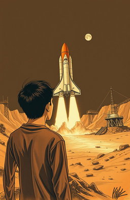 A vintage drawing featuring a Russian space shuttle poised for takeoff towards the moon, set against a backdrop of a secret base