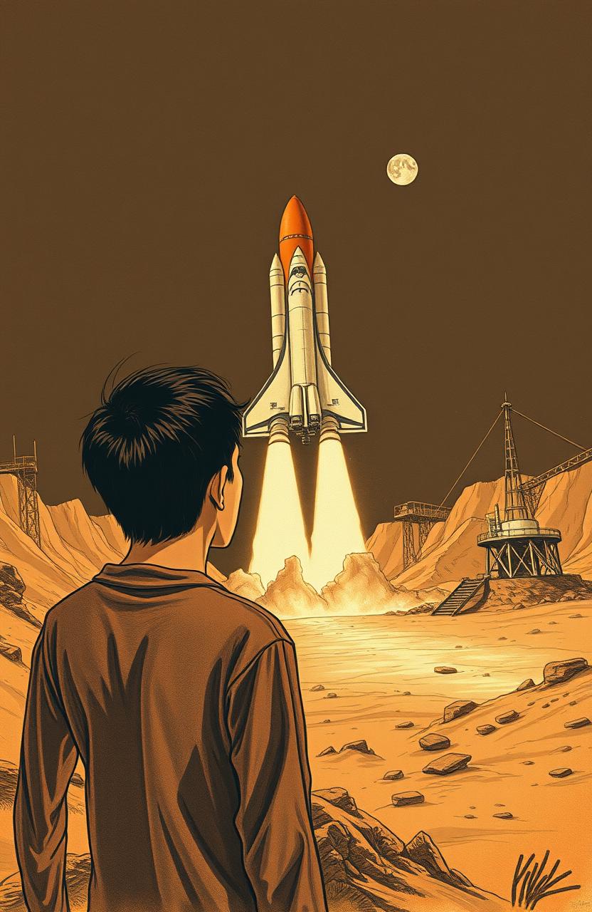 A vintage drawing featuring a Russian space shuttle poised for takeoff towards the moon, set against a backdrop of a secret base