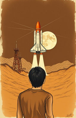 A vintage drawing featuring a Russian space shuttle poised for takeoff towards the moon, set against a backdrop of a secret base
