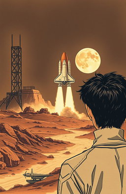 A vintage drawing featuring a Russian space shuttle poised for takeoff towards the moon, set against a backdrop of a secret base