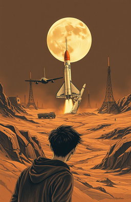 A vintage drawing featuring a Russian space shuttle poised for takeoff towards the moon, set against a backdrop of a secret base