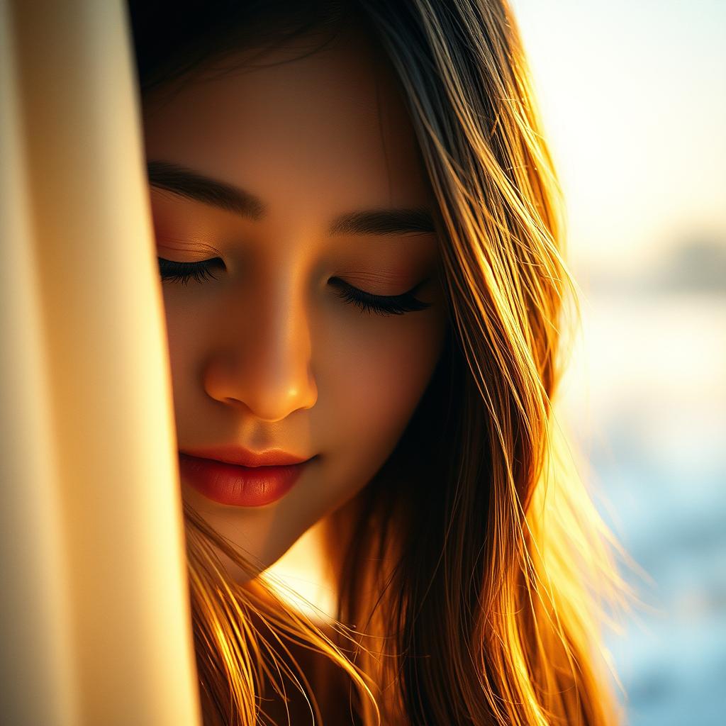 A cinematic close-up of a young woman with dark brown hair highlighted with light strands, bathed in a soft golden light streaming in from a window