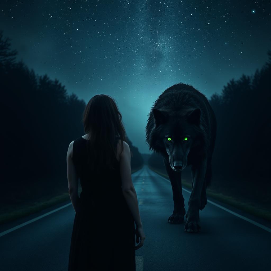 A dark-haired woman standing on a nighttime road, viewed from behind, facing an enormous and fierce black-furred wolf with glowing green eyes