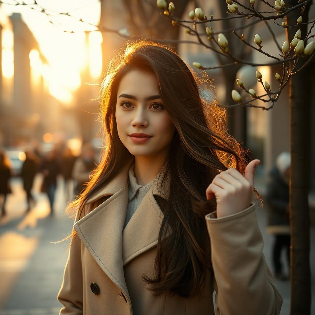 A young woman with dark brown hair featuring light strands, walking outside on the first day of spring