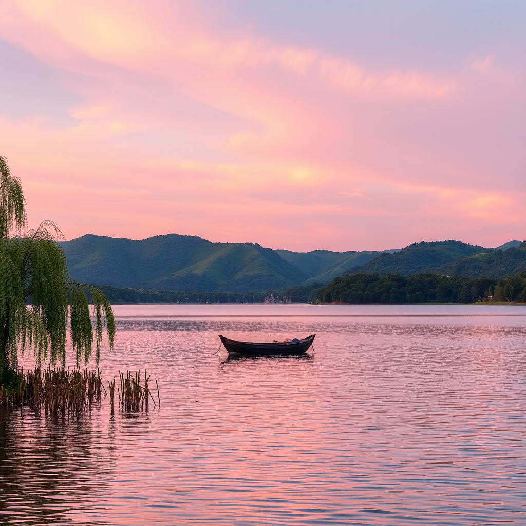 A serene landscape featuring a tranquil lake and lush green hills in the background