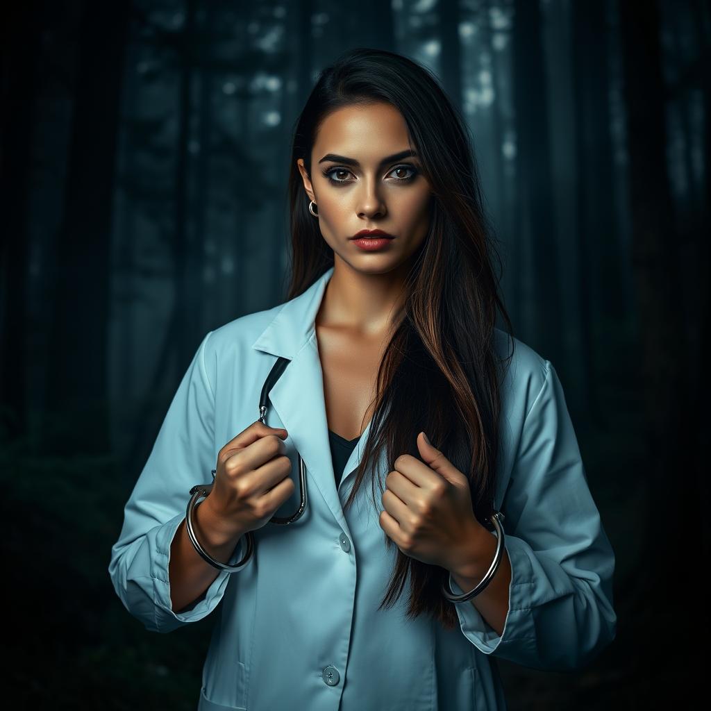 A beautiful brunette woman wearing a white doctor's lab coat, with handcuffs on her wrists, standing in a dark, mysterious forest