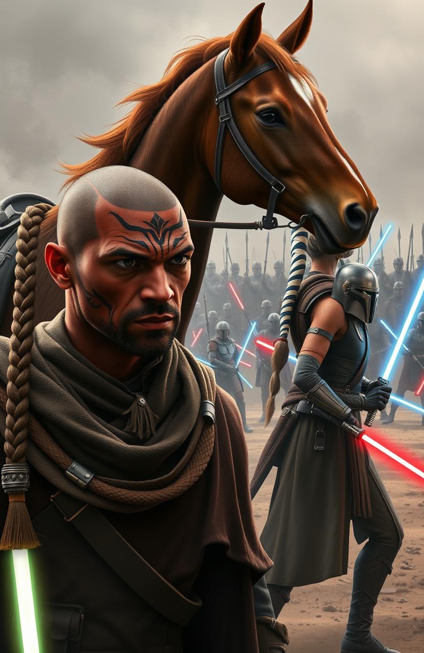 A striking scene from Star Wars: Shadow and Fire, featuring a reddish-skinned Zabrak character prominently in the foreground, with intricate facial tattoos and a fierce expression