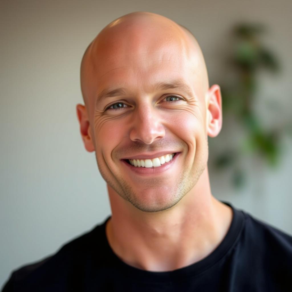 A portrait of a bald man with a strong jawline and a charismatic smile, standing against a soft blurred background