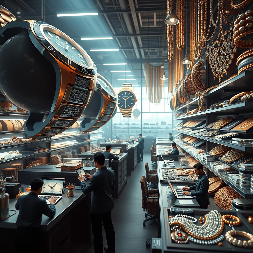 A hyper-realistic and cinematic depiction of a massive online jewelry and watch store operating on Instagram