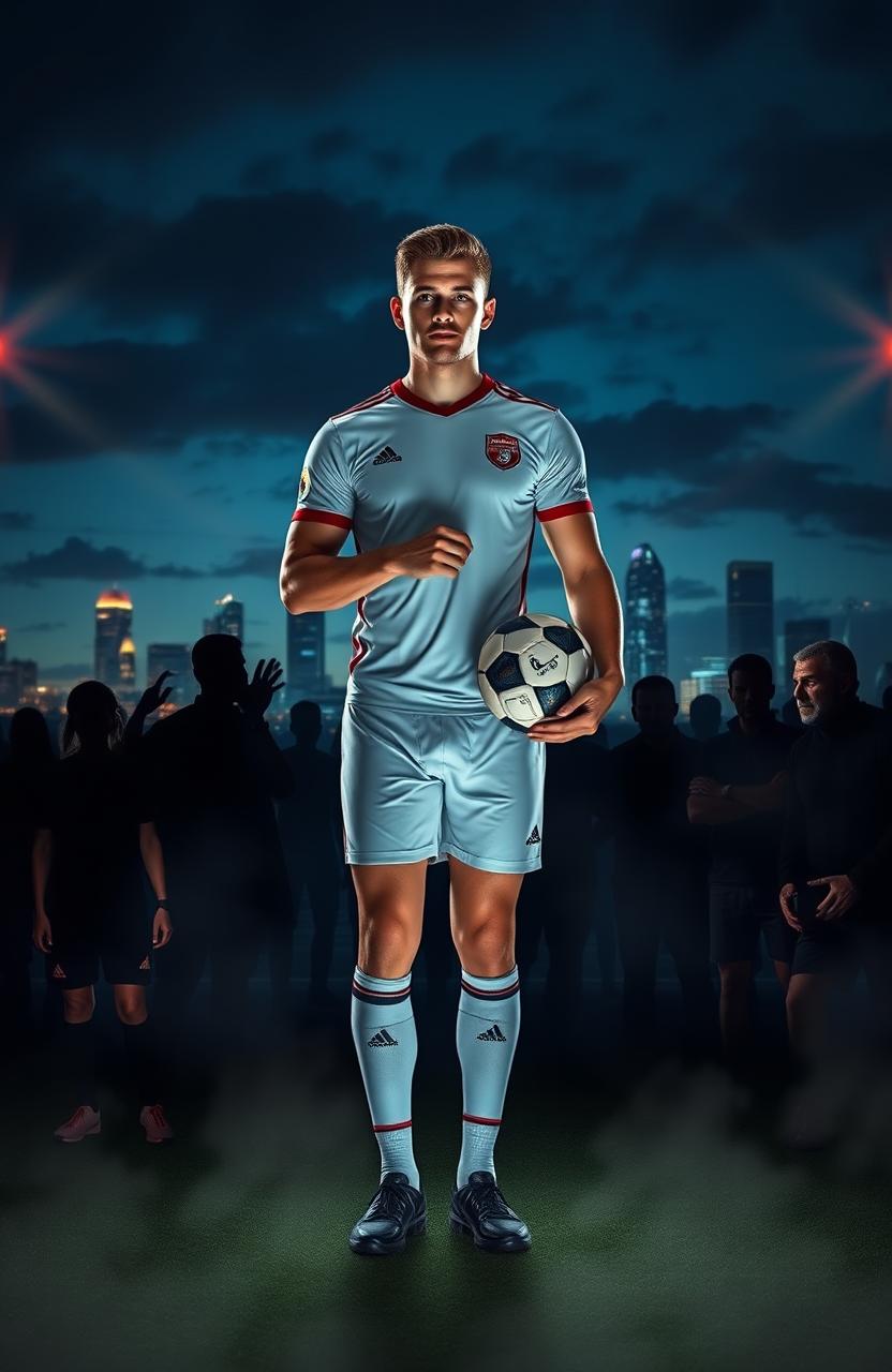 A mysterious and intriguing scene depicting the hidden world behind a professional footballer