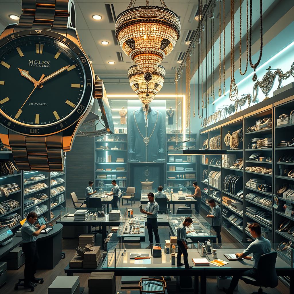A hyper-realistic and cinematic depiction of a massive online jewelry and watch store operating on Instagram