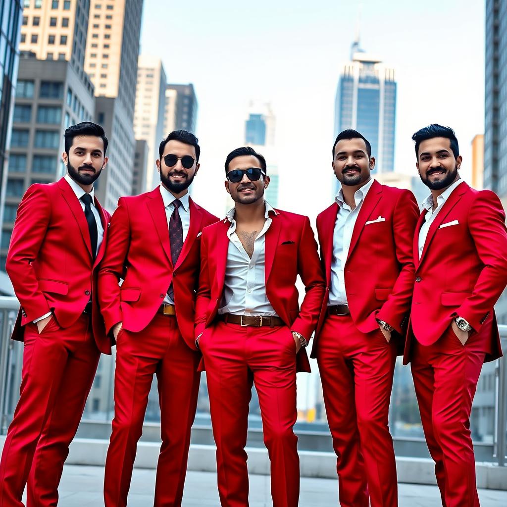 Five men wearing sleek red suits standing confidently together in a modern urban setting