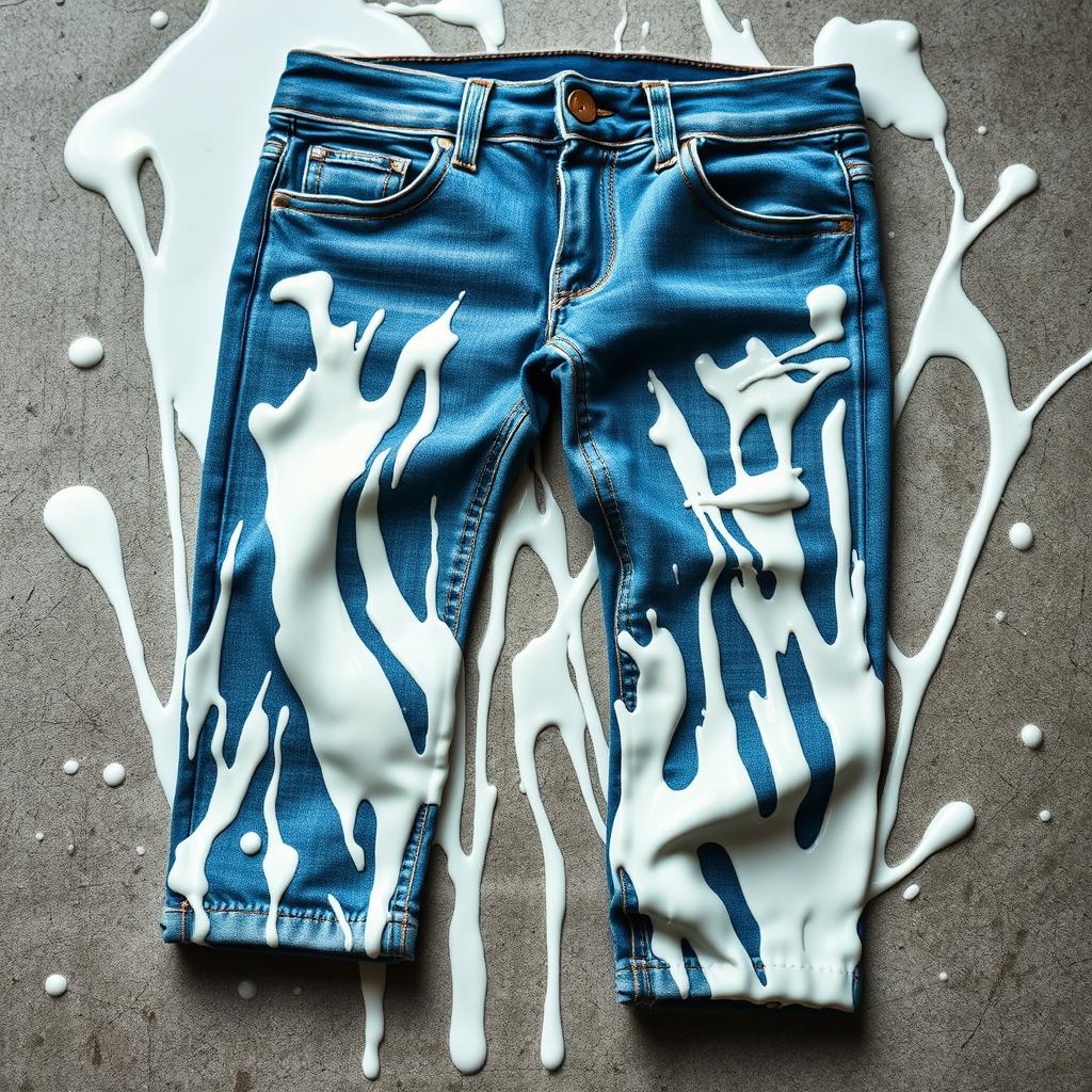 A pair of stylish blue denim jeans splattered with thick, bright white paint, creating a striking contrast