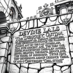 A detailed black and white drawing of ancient dwarven laws inscribed in intricate dwarven runes on the solid wall of a stone palace