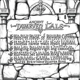 A detailed black and white drawing of ancient dwarven laws inscribed in intricate dwarven runes on the solid wall of a stone palace