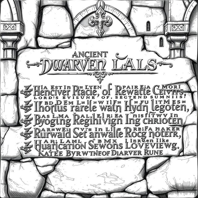 A detailed black and white drawing of ancient dwarven laws inscribed in intricate dwarven runes on the solid wall of a stone palace