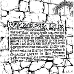 A detailed black and white drawing of ancient dwarven laws inscribed in intricate dwarven runes on the solid wall of a stone palace
