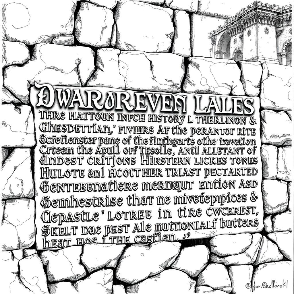 A detailed black and white drawing of ancient dwarven laws inscribed in intricate dwarven runes on the solid wall of a stone palace