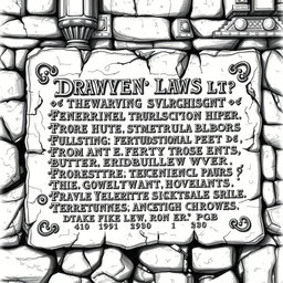 A detailed black and white drawing of ancient dwarven laws inscribed in intricate dwarven runes on the solid wall of a stone palace
