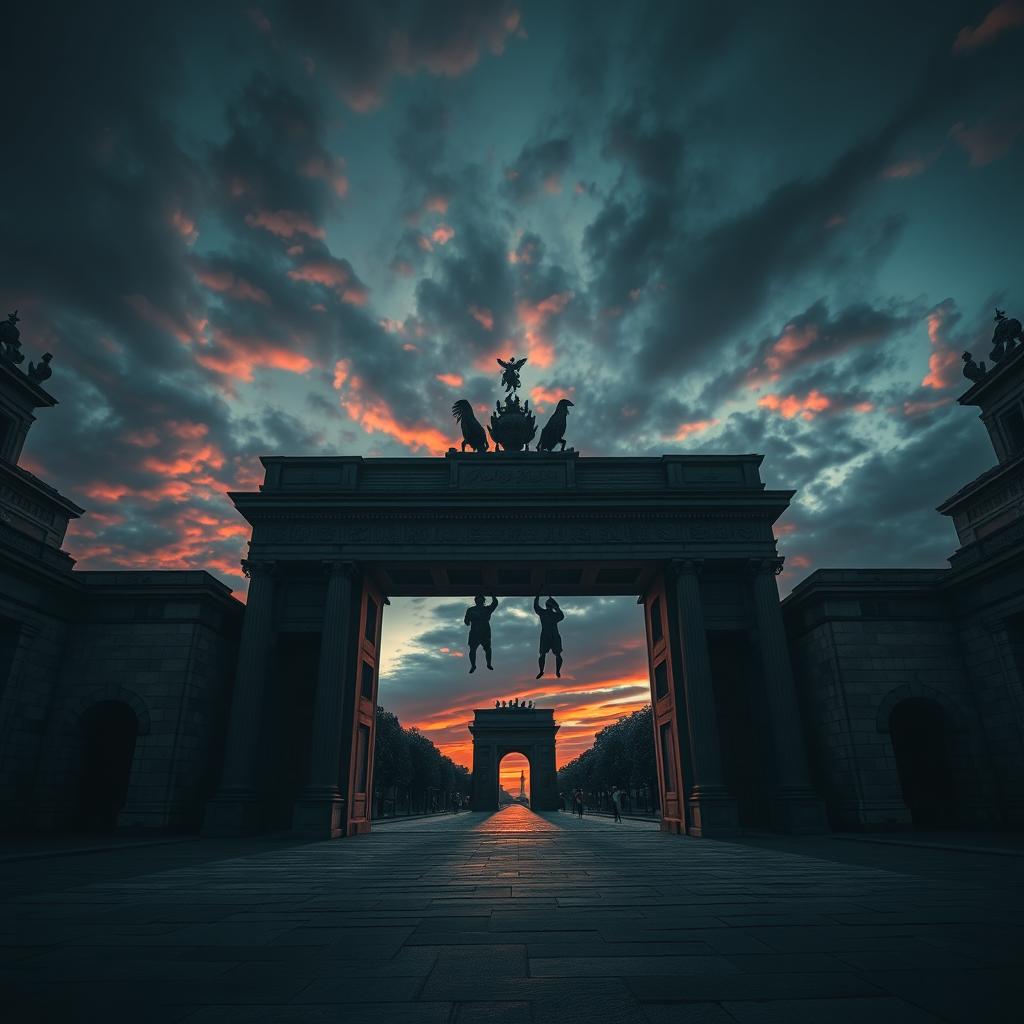 A large city gate under a dramatic twilight sky, featuring two lifelike figures hanging from the gate in a symbolic representation