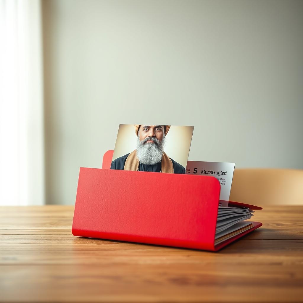 A red file folder placed on a wooden table, prominently displaying a photograph of a Muslim cleric in traditional attire, complete with a turban and a serene expression