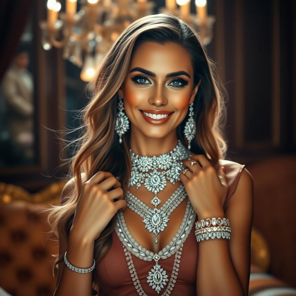 A stunning woman adorned with extravagant jewelry, featuring a sparkling diamond necklace, elegant earrings, and intricate bracelets