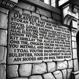 A detailed black and white drawing of ancient texts written in dwarven runes on the wall of a majestic stone palace