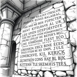 A detailed black and white drawing of ancient texts written in dwarven runes on the wall of a majestic stone palace