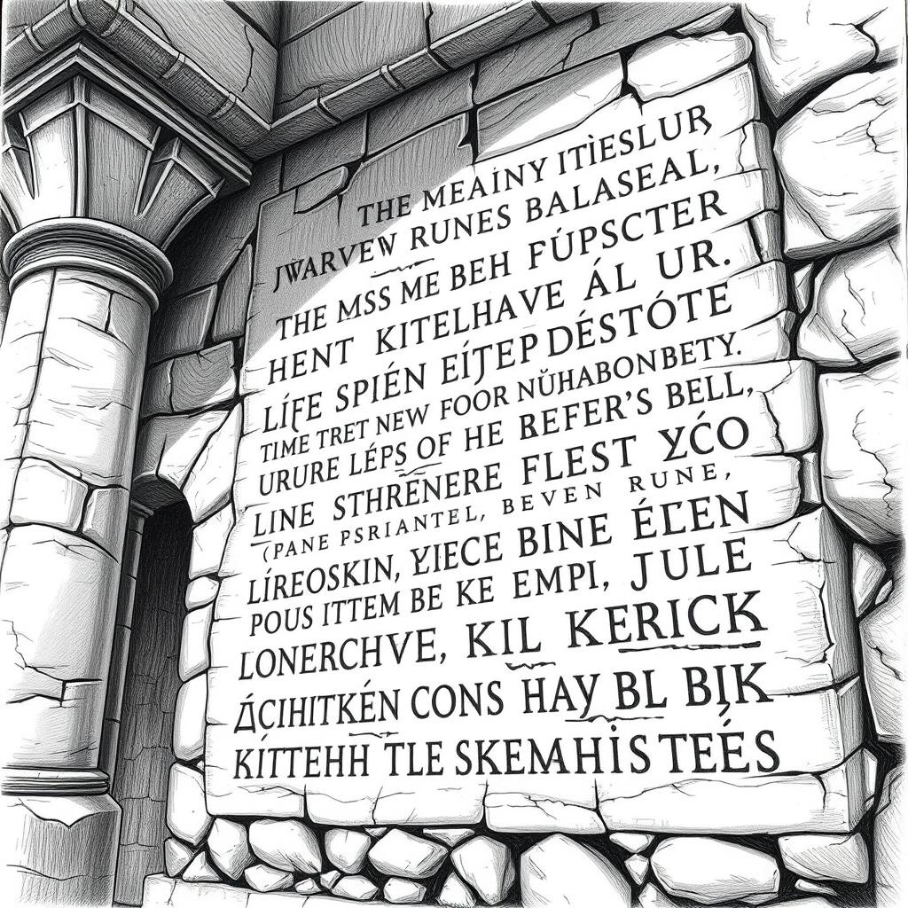 A detailed black and white drawing of ancient texts written in dwarven runes on the wall of a majestic stone palace