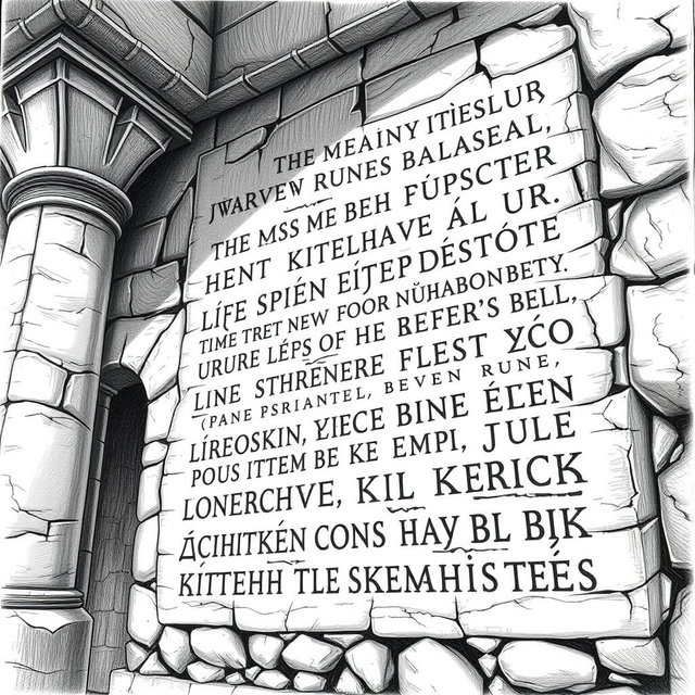 A detailed black and white drawing of ancient texts written in dwarven runes on the wall of a majestic stone palace