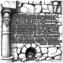 A detailed black and white drawing of ancient texts written in dwarven runes on the wall of a majestic stone palace