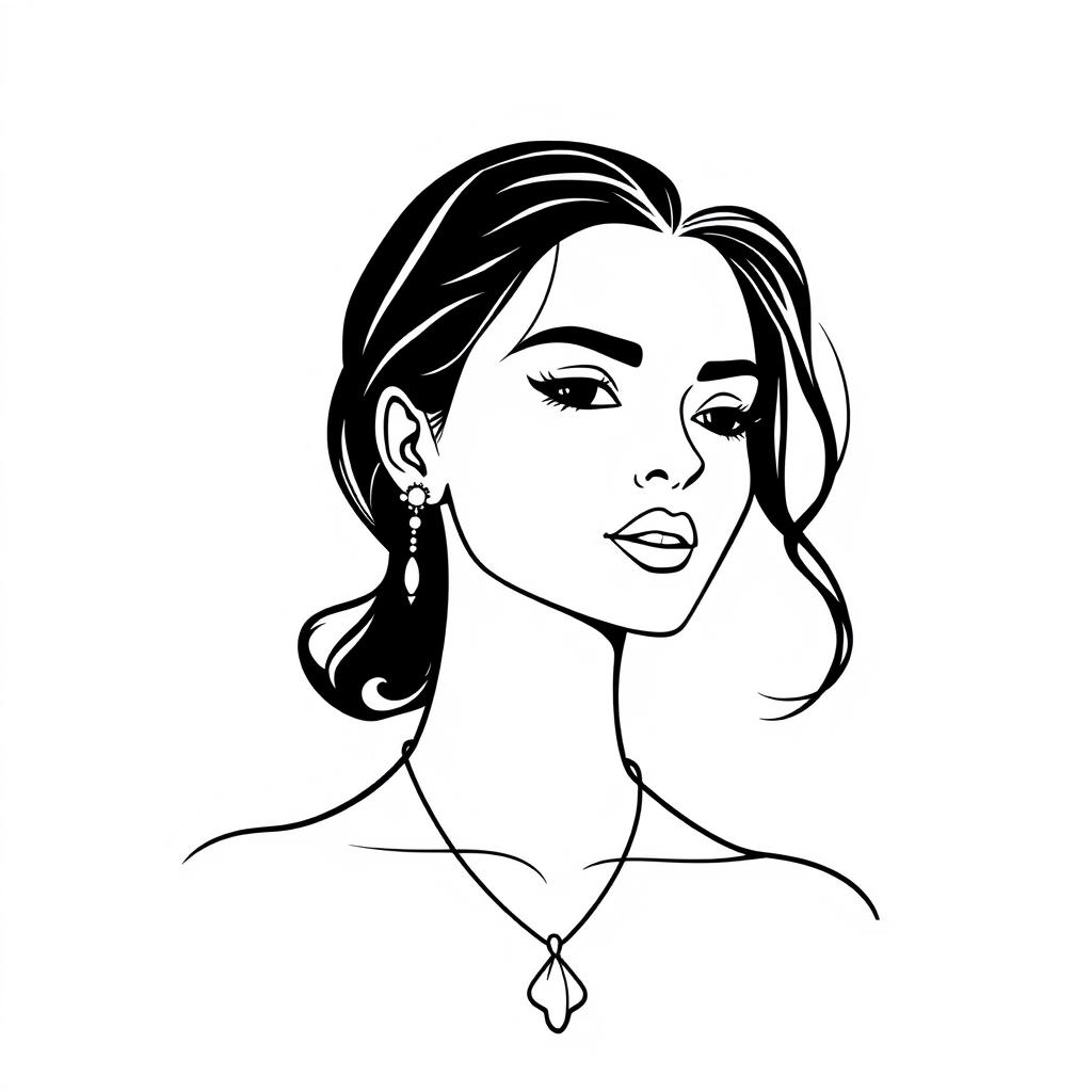 A minimalist black and white illustration of a woman adorned with jewelry, featuring simple lines and shapes