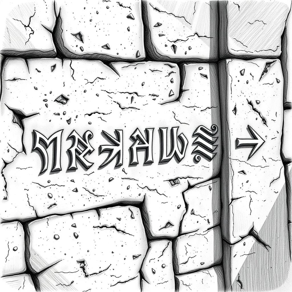 A detailed black and white drawing of elegant dwarven runes intricately carved into the wall of a magnificent stone palace