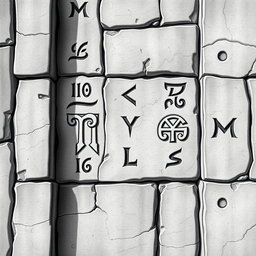 A detailed black and white drawing of elegant dwarven runes intricately carved into the wall of a magnificent stone palace