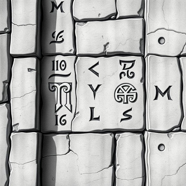 A detailed black and white drawing of elegant dwarven runes intricately carved into the wall of a magnificent stone palace