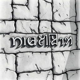 A detailed black and white drawing of elegant dwarven runes intricately carved into the wall of a magnificent stone palace