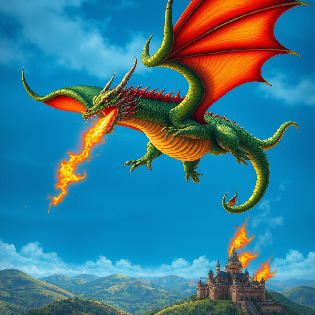 A majestic dragon soaring through a vivid blue sky, unleashing a fierce stream of fire from its mouth